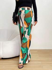 SHEIN 孕婦條紋圖案和幾何撞色拼接圖案闊腿褲 - 彩色 - 查看 6