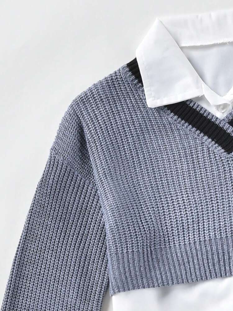 Tween Girls' Embroidered Detail V-Neck Sweater