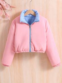 SHEIN Tween Girl 1pc Two Tone Zip Up Reversible Crop Padded Coat - Multicolor - View 3