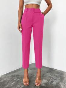 EURMUSE Solid Slant Pocket Belted Suit Pants - Hot Pink - View 1
