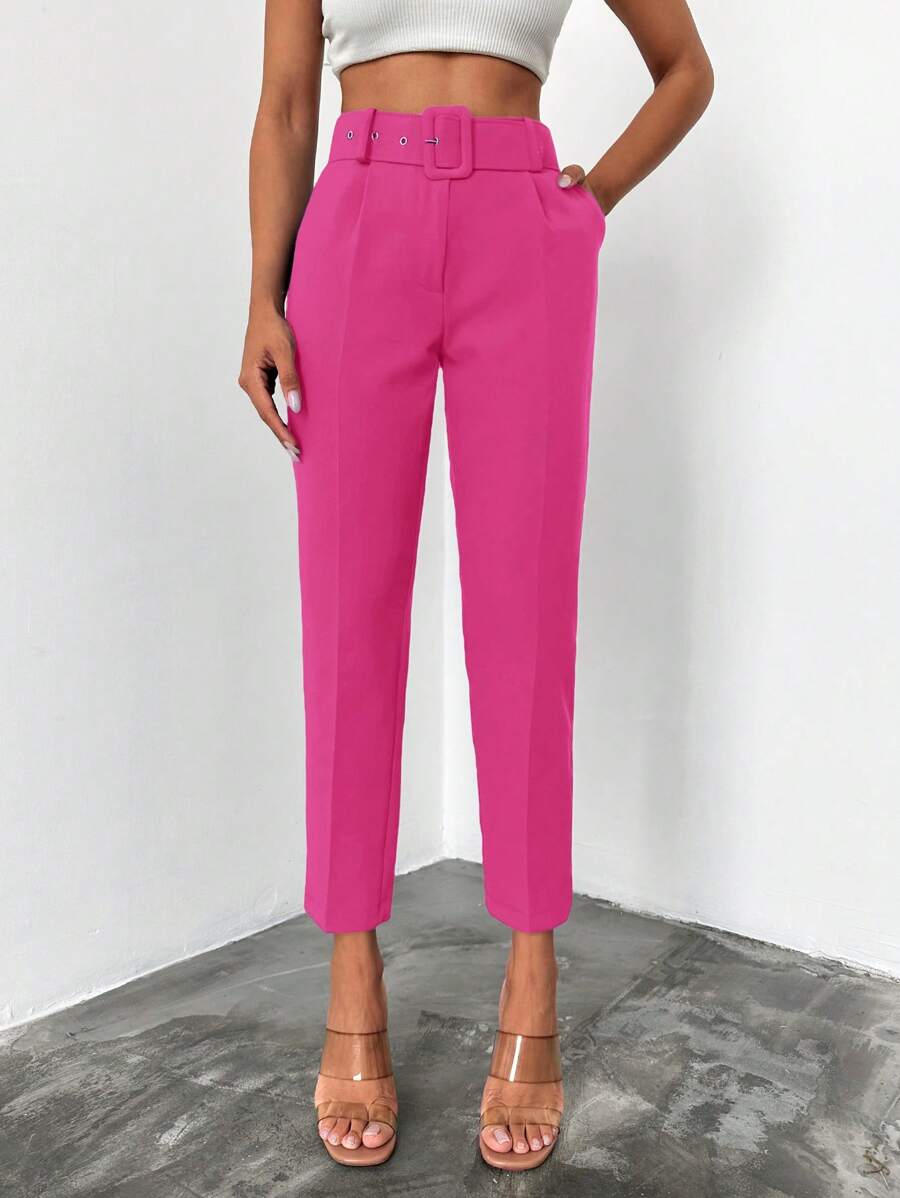 EURMUSE Solid Slant Pocket Belted Suit Pants - Hot Pink - View 1