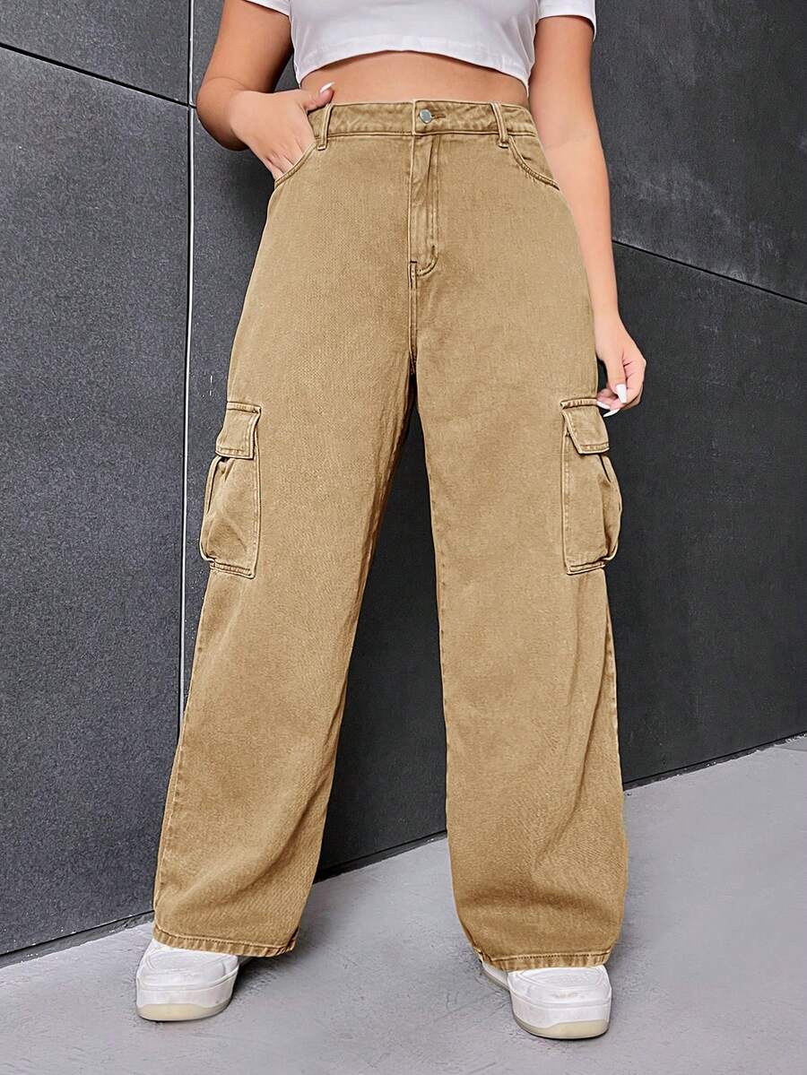 SHEIN EZwear Plus Flap Pocket Side Cargo Jeans - Khaki - View 1