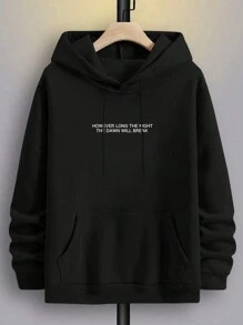 Manfinity Homme 男士大码手和標語圖案抽繩連帽衫 - 黑色 - 查看 2