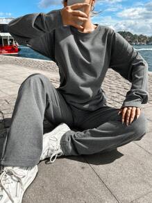 RueChic Solid Drop Shoulder Tee & Sweatpants - Dark Grey - View 1