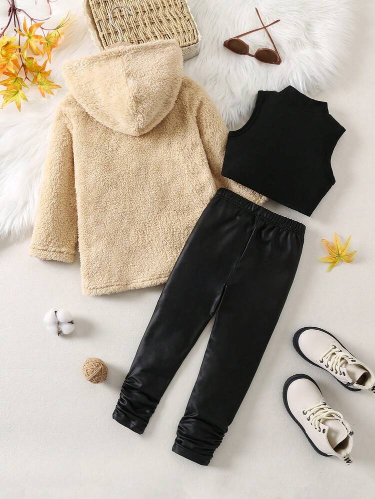 Young Girl Solid Tank Top & Pants & Open Front Hooded Coat