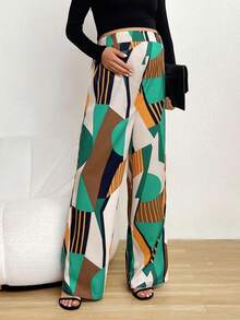 SHEIN 孕婦條紋圖案和幾何撞色拼接圖案闊腿褲 - 彩色 - 查看 5