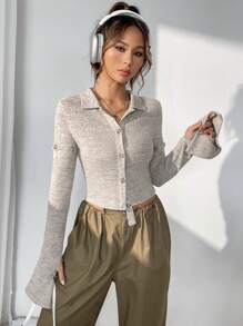 SHEIN EZwear Cut Out Button Front Crop Tee - Khaki - View 5