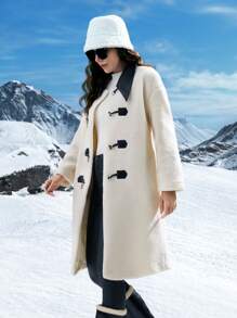 SHEIN LUNE Contrast Collar Duffle Fuzzy Coat Fall Cloth For Women - Black and White - View 4