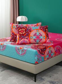 3pcs Fitted Sheet Set Polyester Brushed Classic Folk Print Elements, 1 Fitted Sheet And 2 Pillowcases - Red - View 1