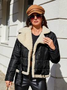 RueChic Abrigo acolchado cuello de borreguito de doble botonadura con forro teddy