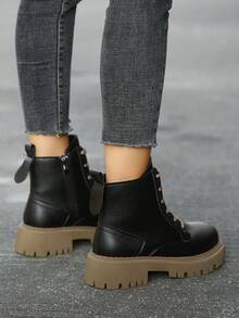 Hàng mới đến 2023 Của phụ nữ Chóp giầy tròn Dày Đế Dây kéo bên Mặt trước Lace-up Giữa bắp chân Chống trượt Thoải mái Thời trang Moto Giày ống Đối với Mùa thu Và Mùa Đông - màu đen - Xem 2