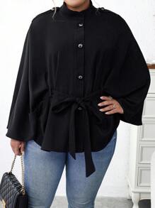 Calvaya Plus Batwing Sleeve Belted Cape Coat - Dark Grey - View 4