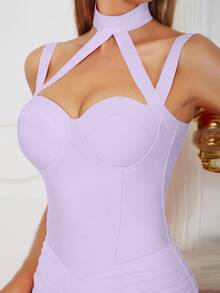 Crisscross Halter Neck Ruched Bandage Dress - Purple - View 8