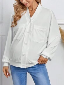 SHEIN Thai sản Thả vai Túi có nắp Nút phía trước Áo khoác - Màu be - Xem 4