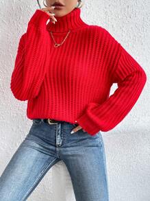 Chiquease Áo cao cổ Thả vai Đồ đan Ribbed Áo len - Đỏ - Xem 7