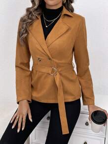 SHEIN Clasi 西裝領雙排釦腰帶仿麂皮外套 - 卡其色 - 查看 4