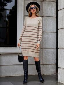 SHEIN Clasi Striped Pattern Button Detail Raglan Sleeve Sweater Dress - Khaki - View 5