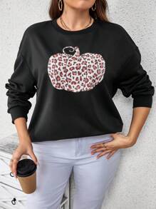 SHEIN LUNE Plus Leopard Print Drop Shoulder Sweatshirt - Black - View 5