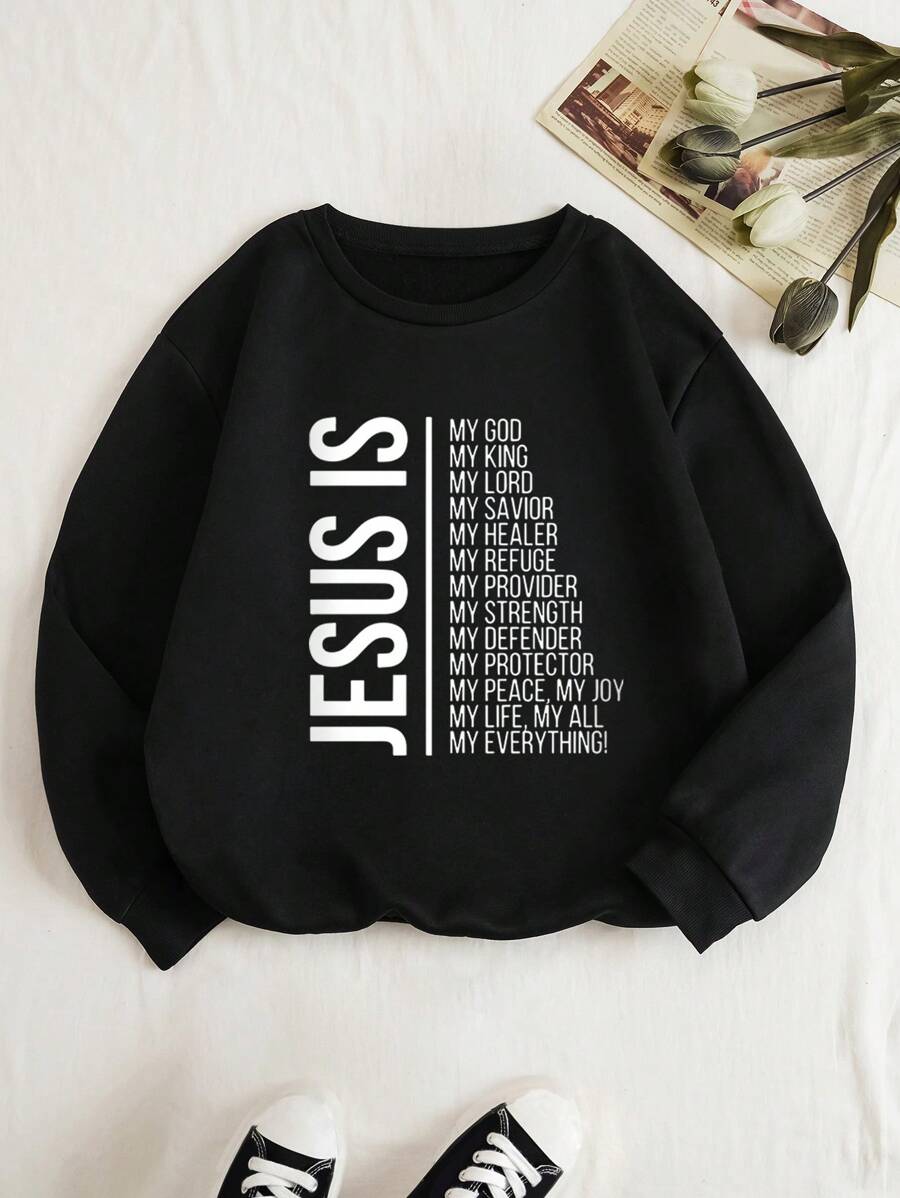 INAWLY 標語圖案加絨內裏運動衫 - 黑色 - 查看 1