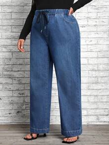 SHEIN LUNE 大碼腰部抽繩直筒牛仔褲 - 深色水洗藍 - 查看 5