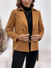 SHEIN Clasi 西裝領雙排釦腰帶仿麂皮外套 - 卡其色 - 查看 5