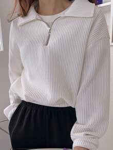 DAZY Solid Half Zip Drop Shoulder Ribbed Knit Sweatshirt - White - View 5