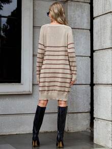 SHEIN Clasi Striped Pattern Button Detail Raglan Sleeve Sweater Dress - Khaki - View 2