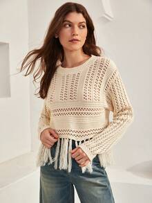 Bohemela Fringe Hem Pointelle Knit Sweater - Apricot - View 9