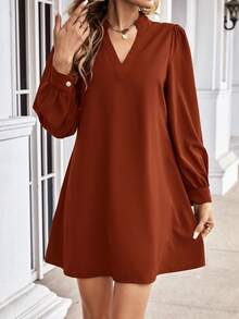 SHEIN LUNE Notch Neck Button Back Dress - Rust Brown - View 2