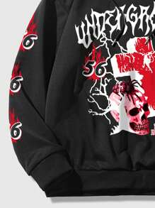 ROMWE MEN Grunge Punk Men Japanese Letter Graphic Drawstring Hoodie - Black - View 4