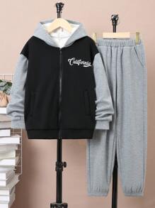 SHEIN Tween Boy Letter Graphic Thermal Lined Hooded Jacket & Sweatpants - Multicolor - View 2