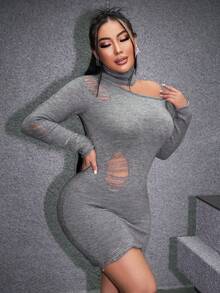 SHEIN SXY Cut Out Shoulder Hooded Bodycon Sweater Dress - Grey - View 4