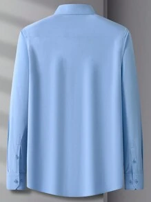 Men Solid Button Up Shacket - Blue - View 2