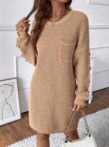 SHEIN LUNE Drop Shoulder Pocket Patched Button Detail Sweater Dress Fall Cloth For Women - Khaki - View 1