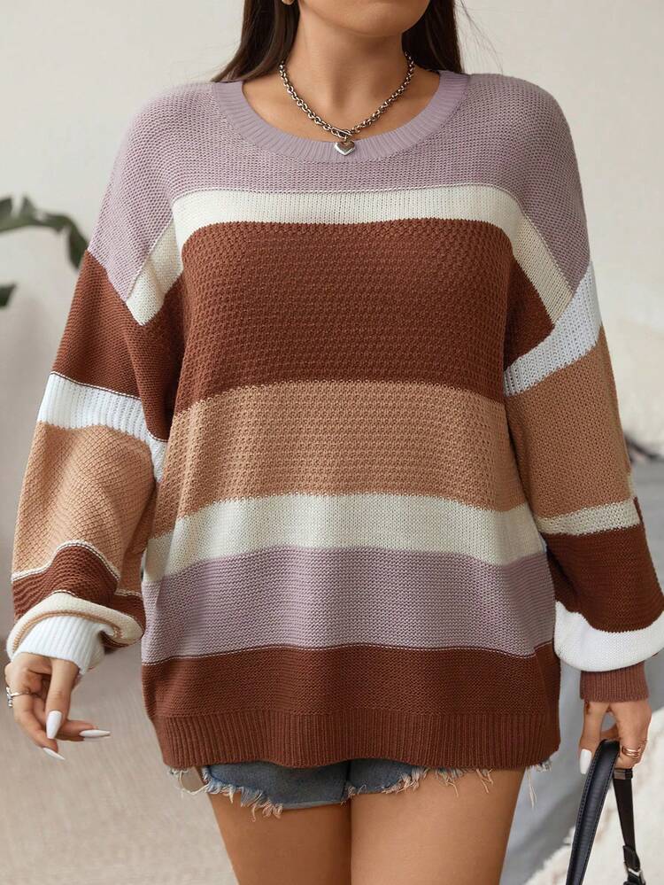 Plus Color Block Drop Shoulder Sweater, For Winter Knit Pullover Fall Autumn