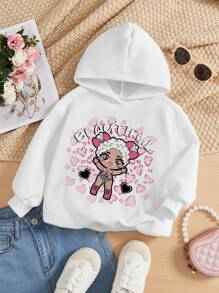 Young Girl Cartoon & Letter Graphic Sweatshirt - White - View 1