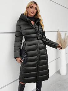 Giolshon Women's Autumn And Winter Down Jacket With Hood And Belt Can Be Cinched - Black - View 1