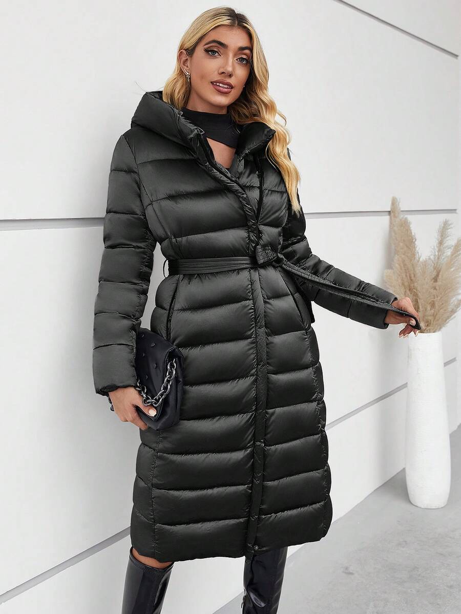 Giolshon Women's Autumn And Winter Down Jacket With Hood And Belt Can Be Cinched - Black - View 1