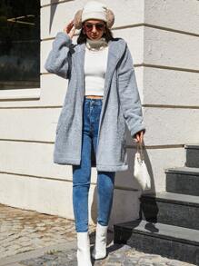 SHEIN Cottnline Drop Shoulder Hooded Teddy Coat - Grey - View 4