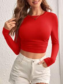 SHEIN Essnce Chất rắn Xù Áo phông Crop - Đỏ - Xem 1