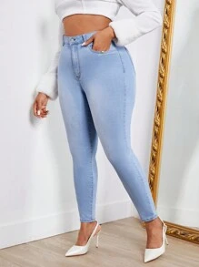 SHEIN SXY Plus High Waist Skinny Jeans - Light Wash - View 4