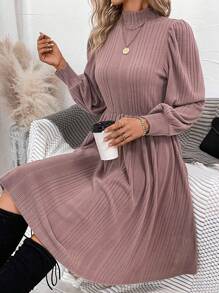 SHEIN Clasi Mock Neck Lantern Sleeve Ribbed Knit Dress - Dusty Purple - View 1