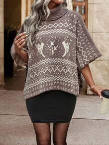 Chiquease Geo Pattern Turtleneck Batwing Sleeve Knit Poncho Knit Pullover Sweater Fall Winter - Mocha Brown - View 4