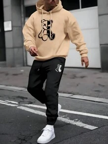 男士小熊印花抽繩連帽衫和運動褲 - 彩色 - 查看 1