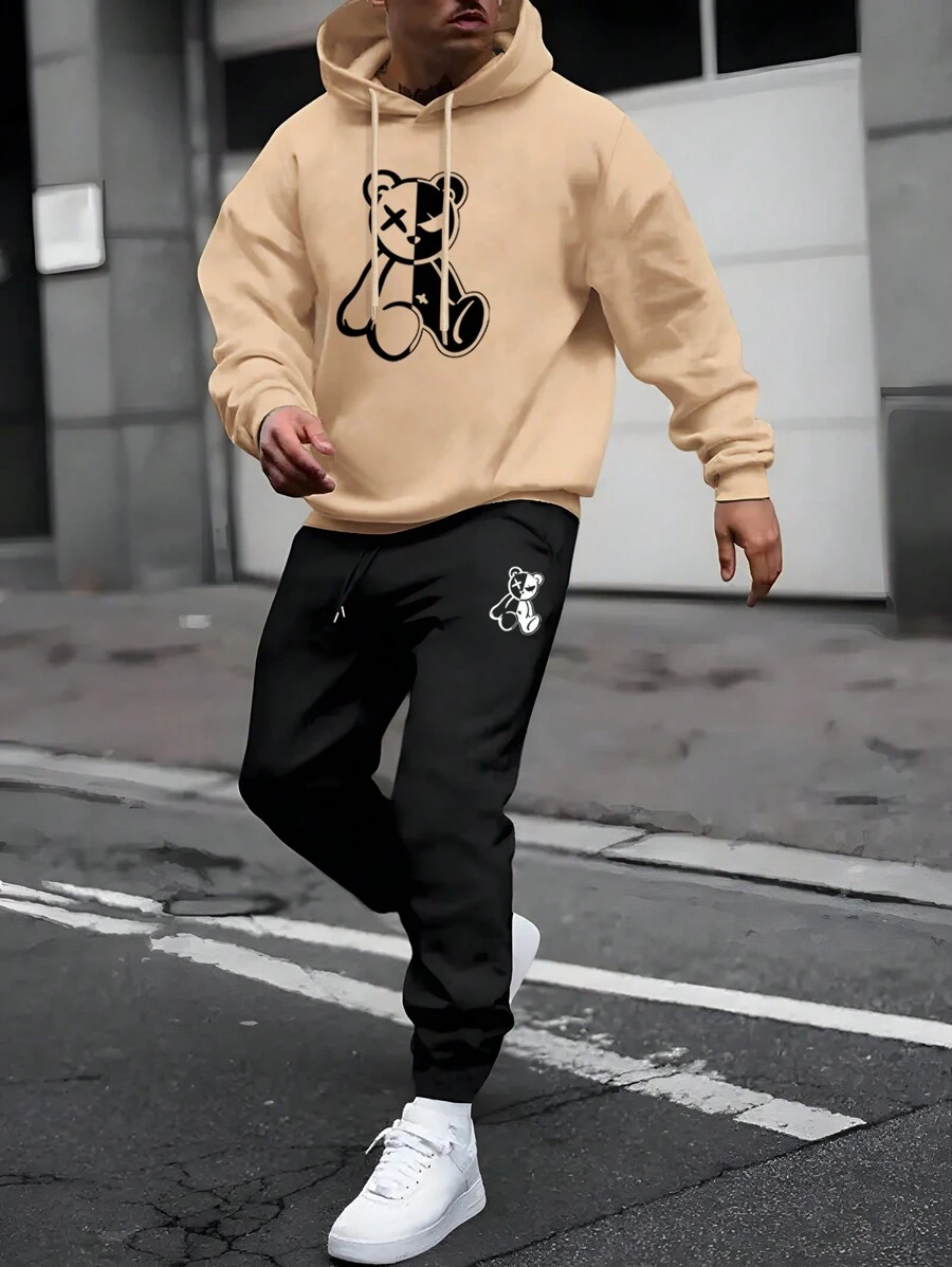 男士小熊印花抽繩連帽衫和運動褲 - 彩色 - 查看 1