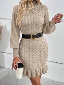 SHEIN Clasi 高領燈籠袖荷葉邊麻花編織毛衣洋裝 - 杏色 - 查看 4
