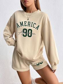 SHEIN EZwear Letter Graphic Drop Shoulder Sweatshirt & Shorts - Khaki - View 4