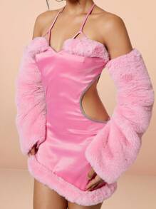 水鑽鏤空腰部掛脖露背修身洋裝（附可拆卸袖子） - 粉色 - 查看 3