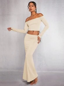 SHEIN BAE de hombros descubiertos Top crop & Falda bajo de sirena - Albaricoque - Ver 1