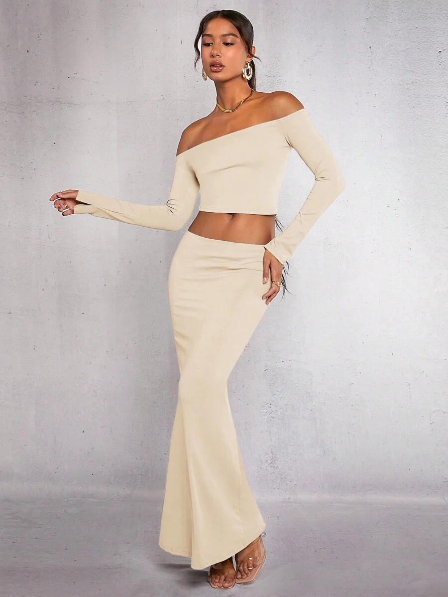 SHEIN BAE de hombros descubiertos Top crop & Falda bajo de sirena - Albaricoque - Ver 1